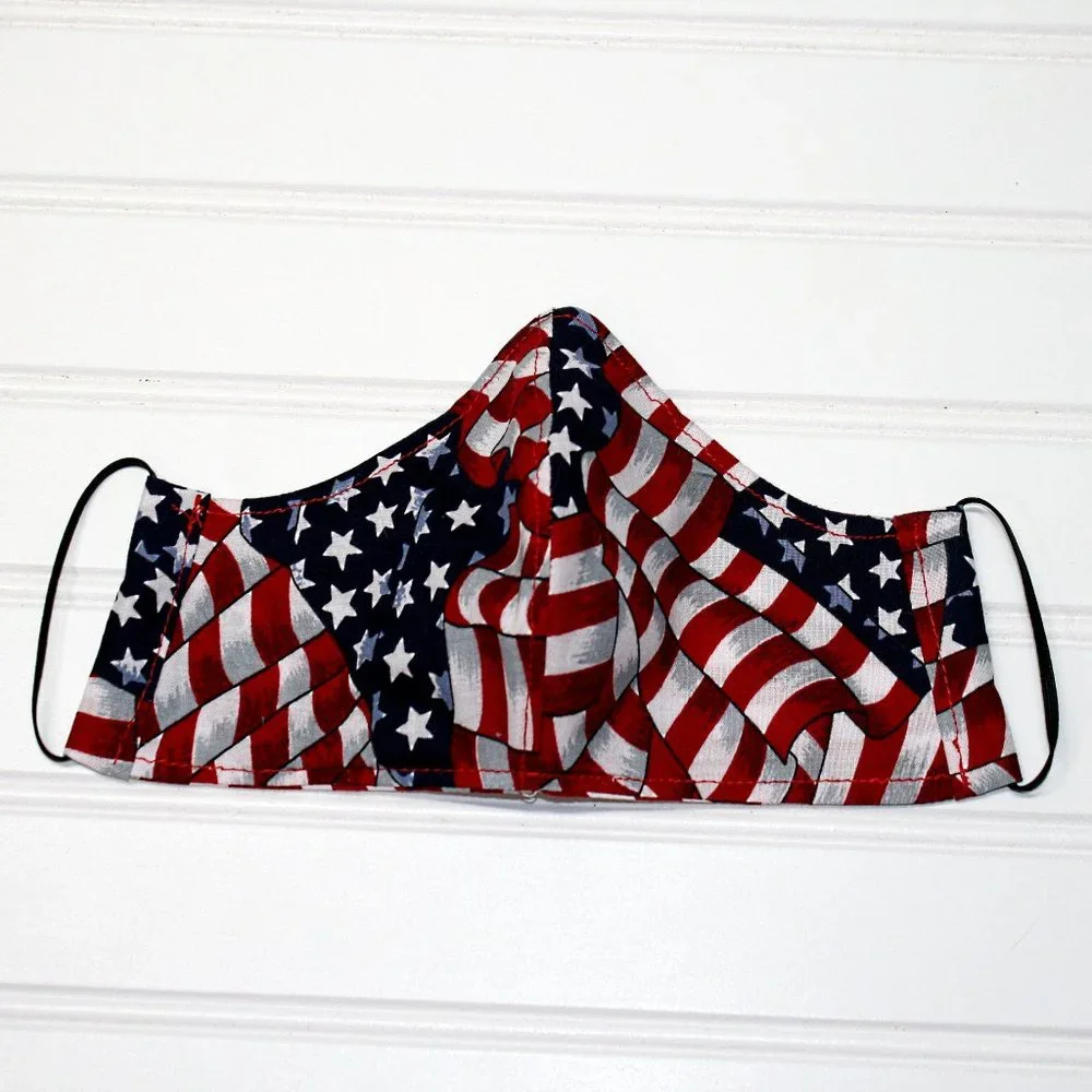 HAND CRAFTED Face Mask American Flag Adult Cloth Fabric Print - Shield Style